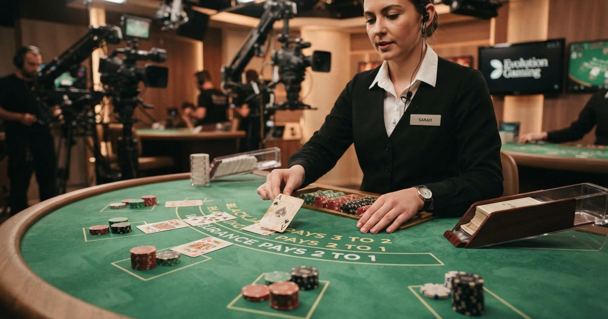 Un tavolo da blackjack live con croupier inquadrato dalle telecamere di uno studio Evolution, carte e chips sul panno verde