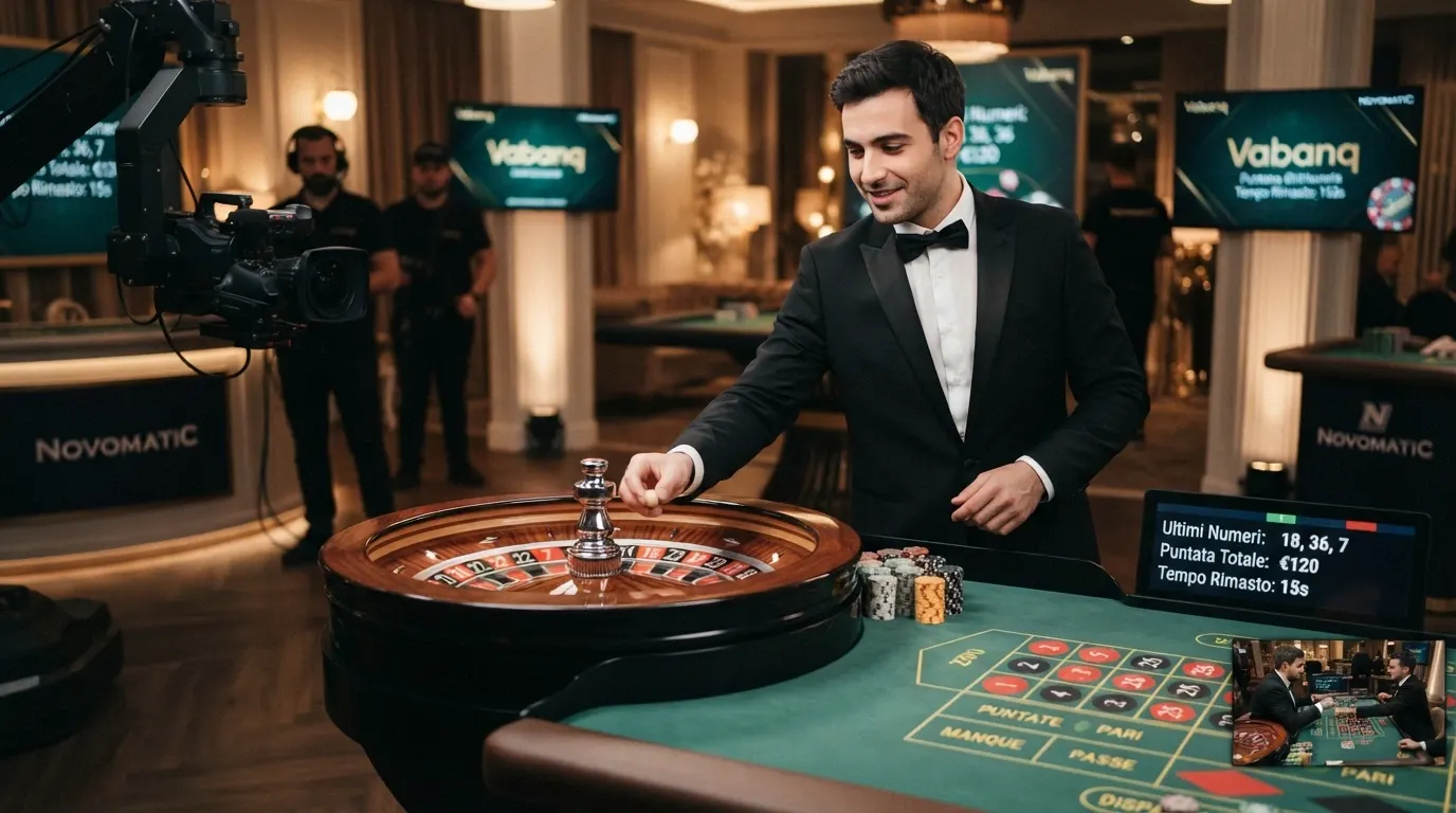 Un tavolo da roulette dal vivo in un casinò online ADM, con dealer in smoking e interfaccia di puntata in italiano, affiancato dal logo Vabanq in sovraimpressione