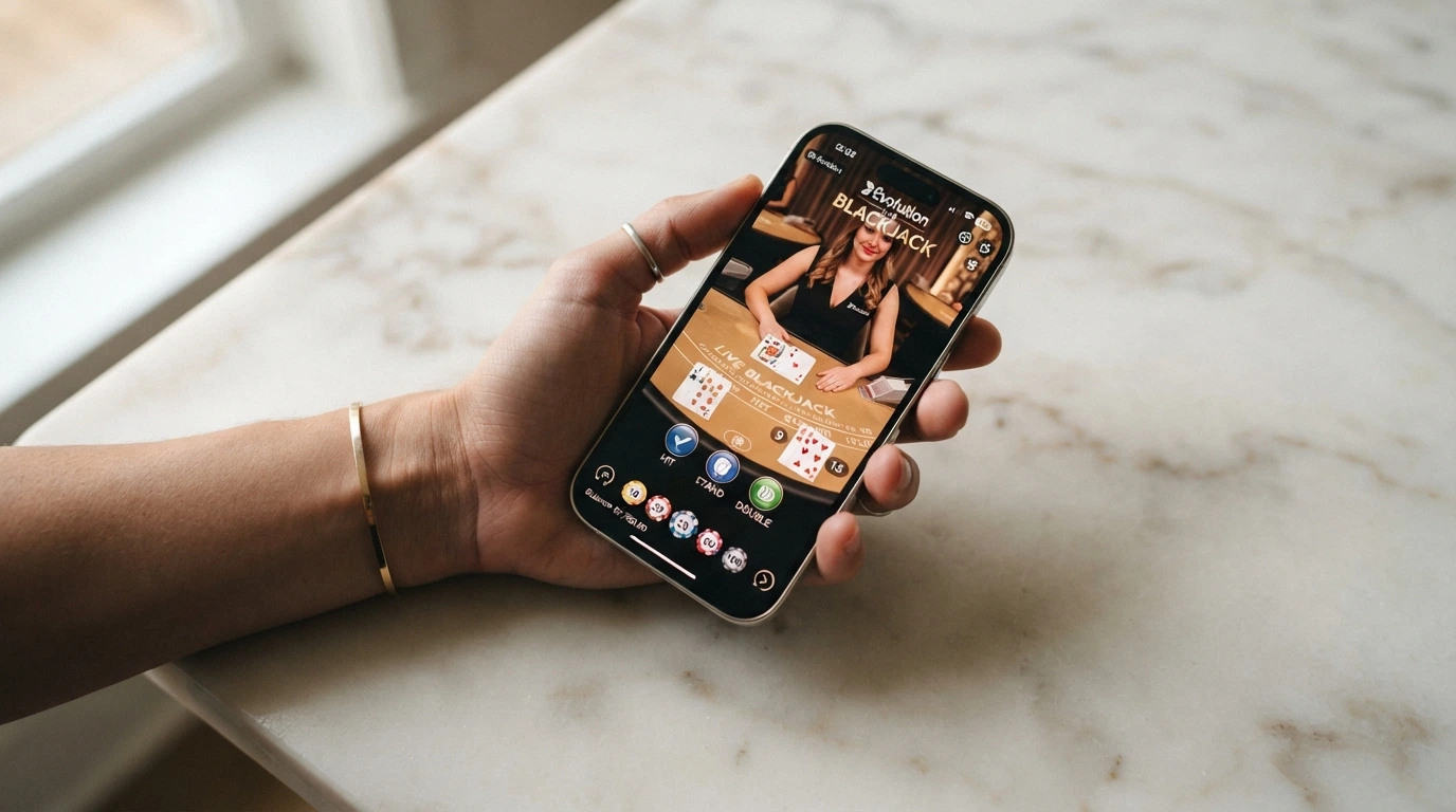 Uno smartphone in mano a un giocatore con un tavolo da blackjack live in streaming sullo schermo