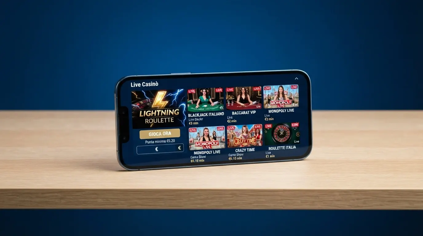 La lobby di un casinò online con licenza ADM che mostra il tavolo Lightning Roulette tra i giochi live disponibili, con interfaccia in italiano