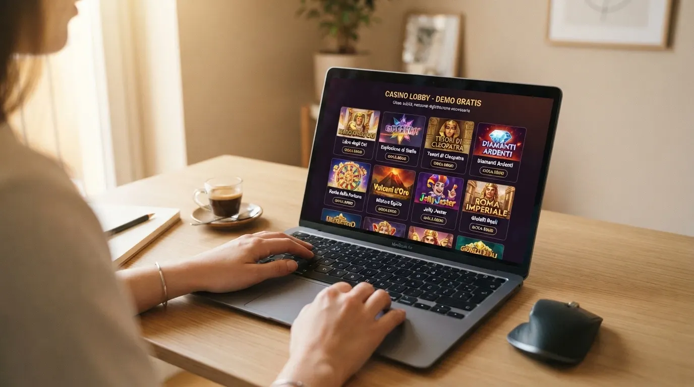 Schermata di una lobby di casinò online con anteprime di slot machine in versione demo gratuita