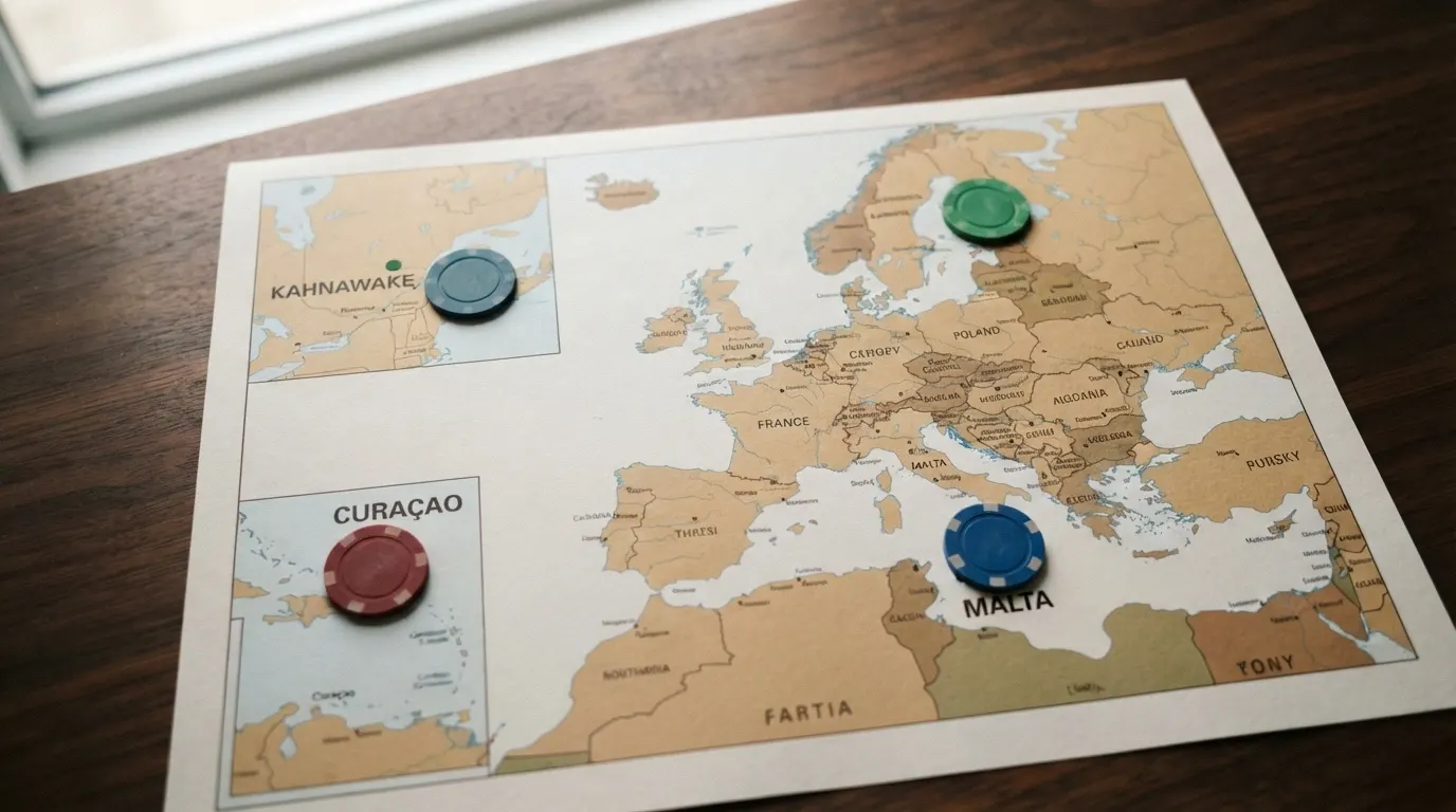 Mappa delle giurisdizioni che rilasciano licenze ai casinò non AAMS: Curaçao, Malta, Kahnawake