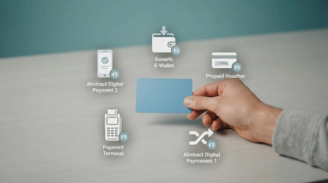 Una selezione di icone di metodi di pagamento — PayPal, Postepay, Skrill, Paysafecard e una carta prepagata — con il simbolo 5 € sopra ognuna