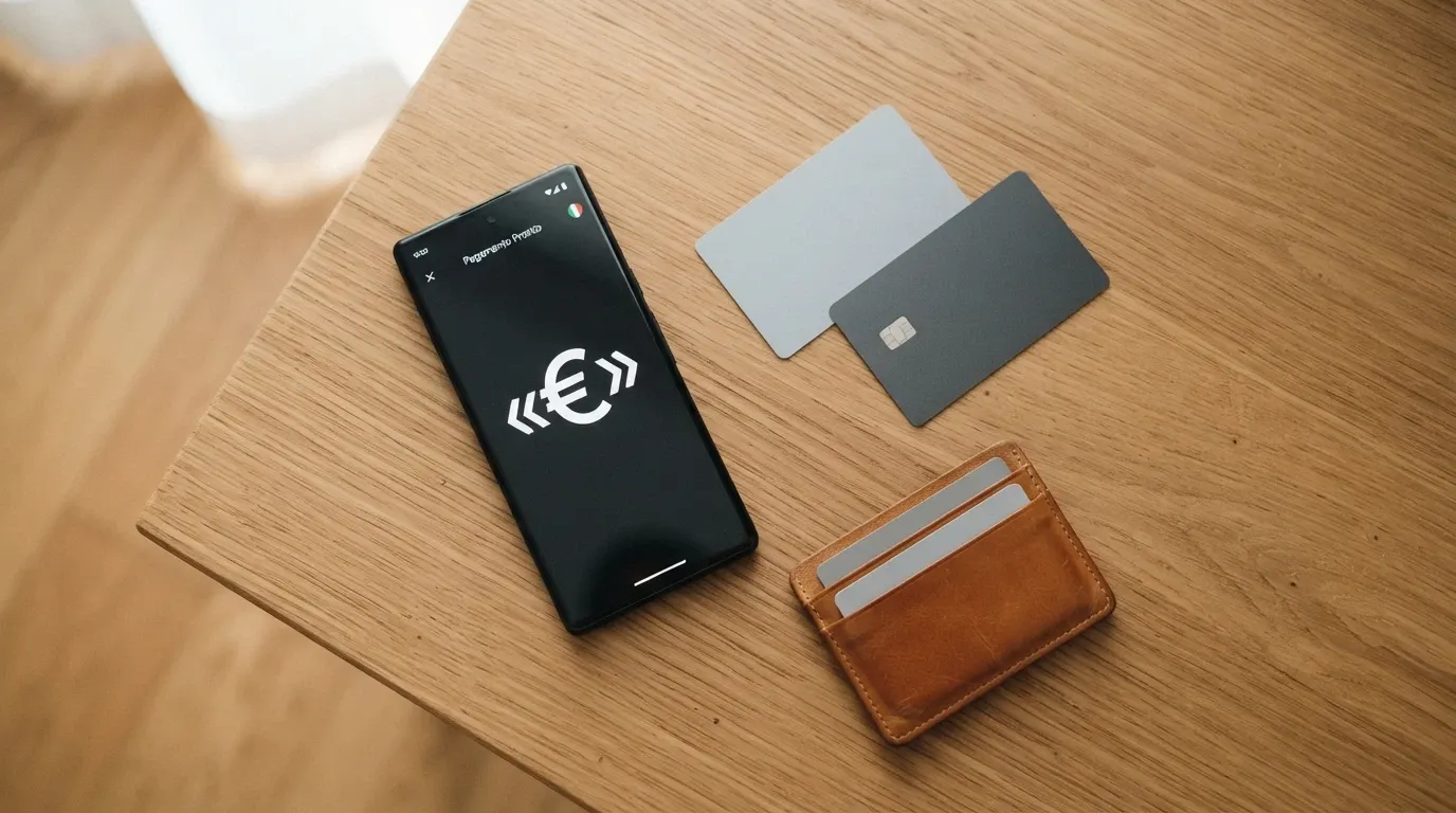 Una scrivania con smartphone, portafoglio, carta Paysafecard, carta di credito e un appunto con la cifra «3€».