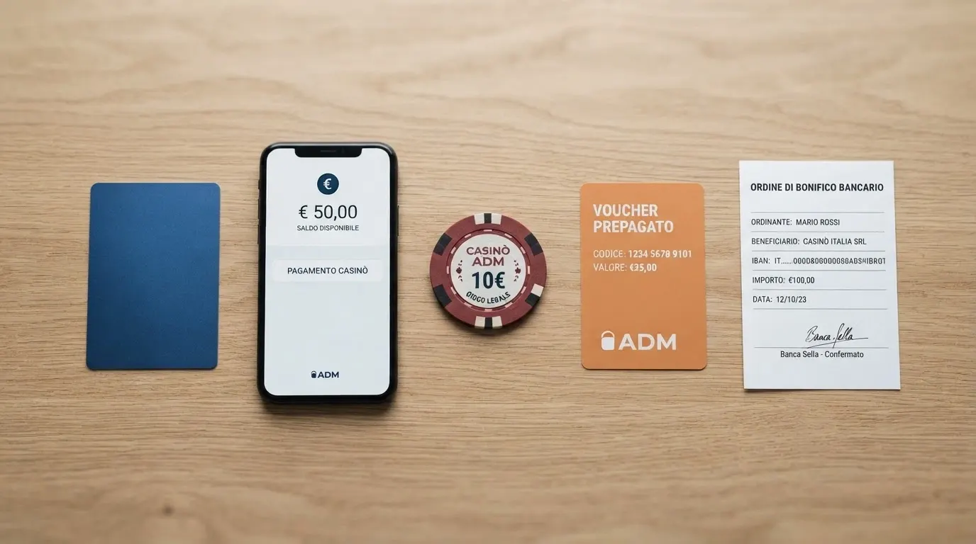 Una vista comparativa che mostra diversi metodi di pagamento — carta di credito, smartphone con Apple Pay, voucher Paysafecard, schermata di bonifico — affiancati con icone di orologio che indicano tempi diversi