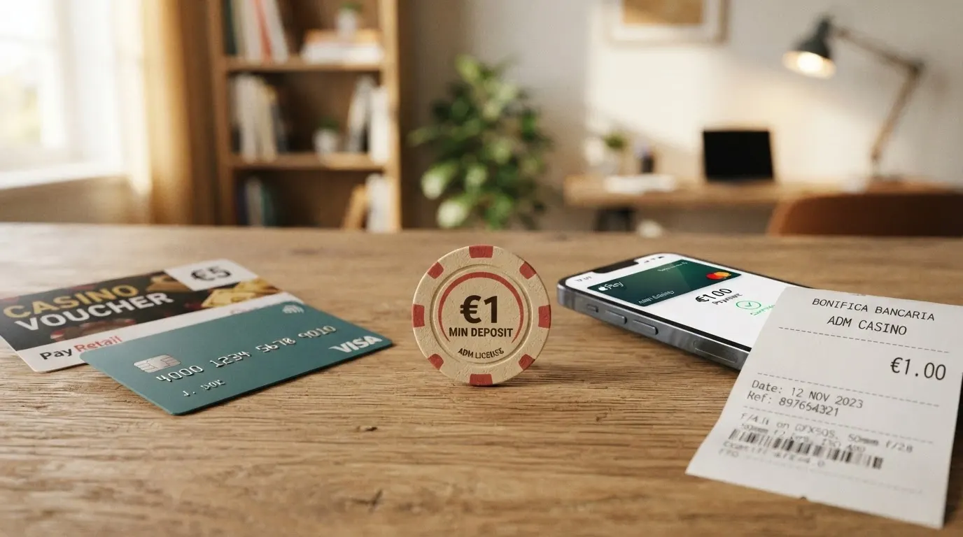 Una panoramica dei metodi di pagamento per casinò online: carta di credito, portafoglio elettronico su smartphone, ricevuta di ricarica in punto vendita e bonifico bancario, con una moneta da 1 euro in evidenza al centro.