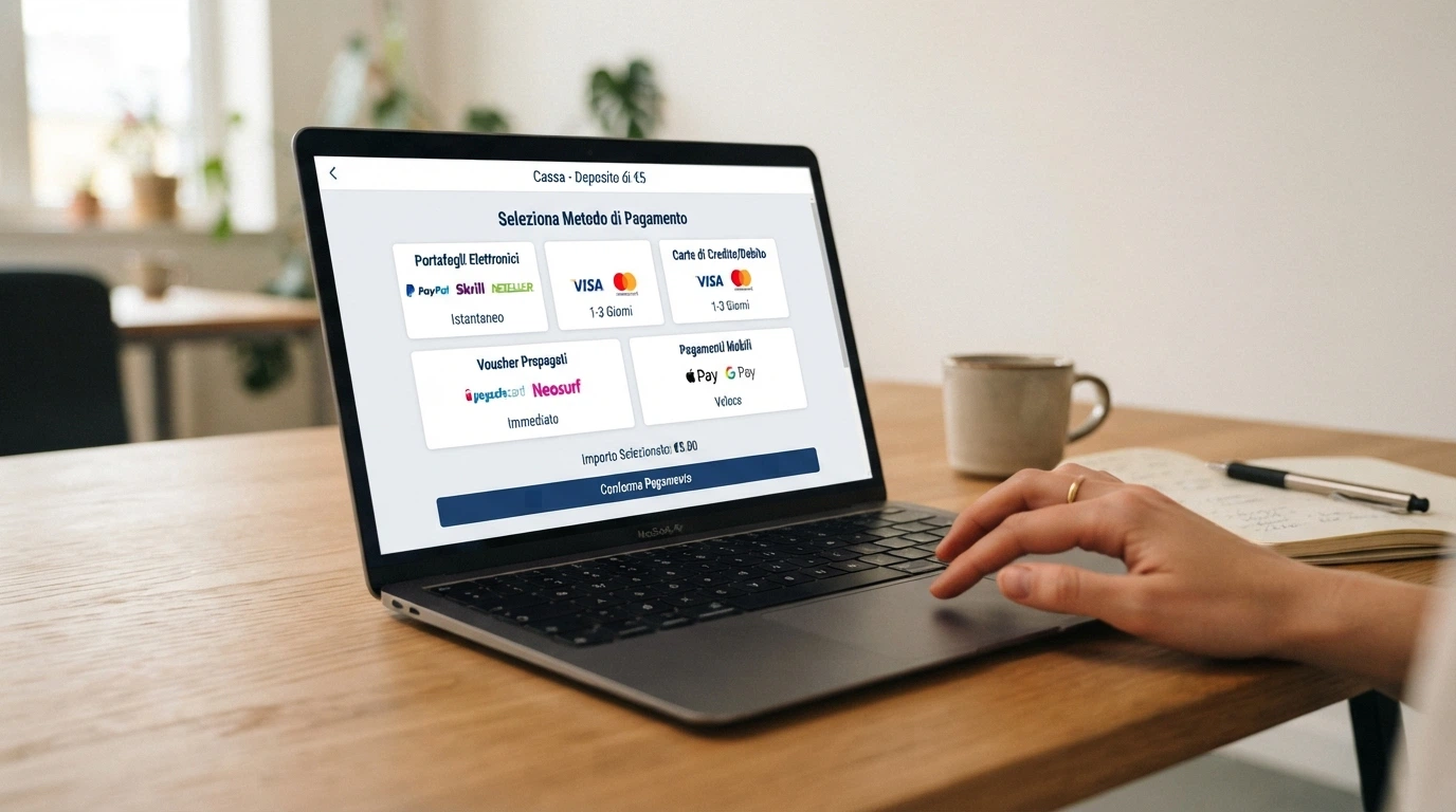 Schermata della cassa di un casinò online con le icone dei metodi di pagamento accettati: PayPal, Skrill, Paysafecard, Postepay, Visa, Mastercard e Apple Pay