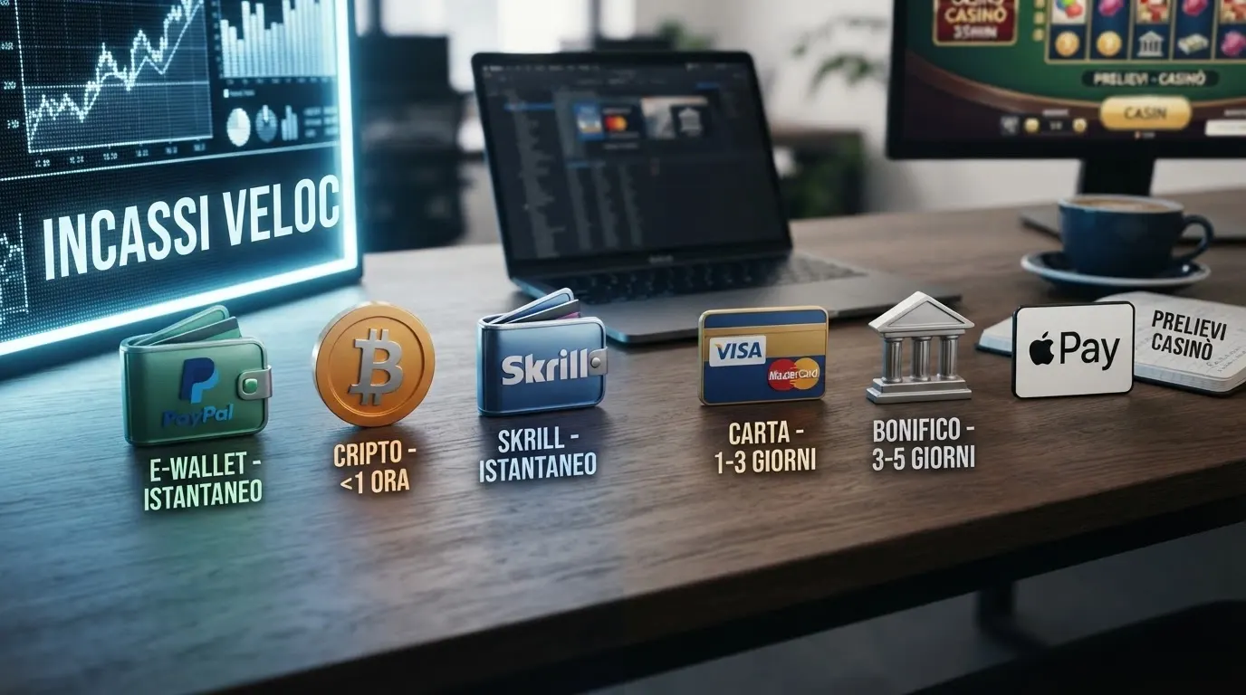 Una serie di icone di metodi di pagamento (e-wallet, crypto, carte, bonifico) disposte per velocità di accredito, dalla più rapida alla più lenta