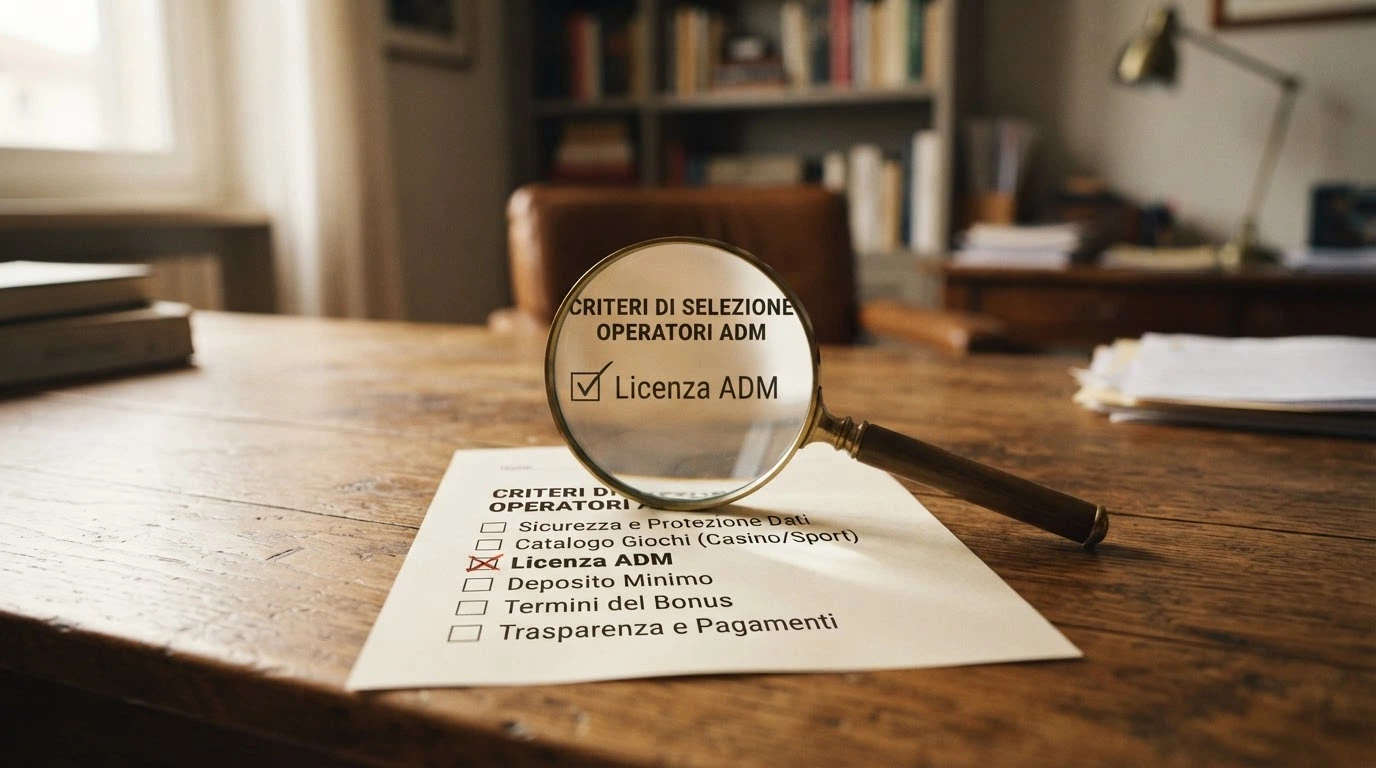 Una lente di ingrandimento su un elenco di criteri — licenza ADM, deposito minimo, termini del bonus, trasparenza — con spunte e una X