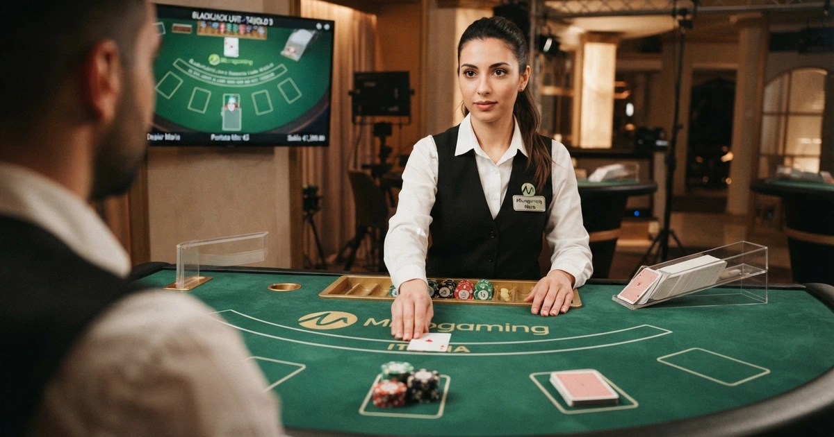 Interfaccia di un casinò dal vivo Microgaming con tavolo da blackjack e dealer in streaming