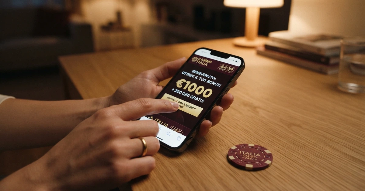 Un giocatore che consulta la schermata dei bonus di benvenuto su un casinò online con licenza ADM, con i termini del rollover in evidenza