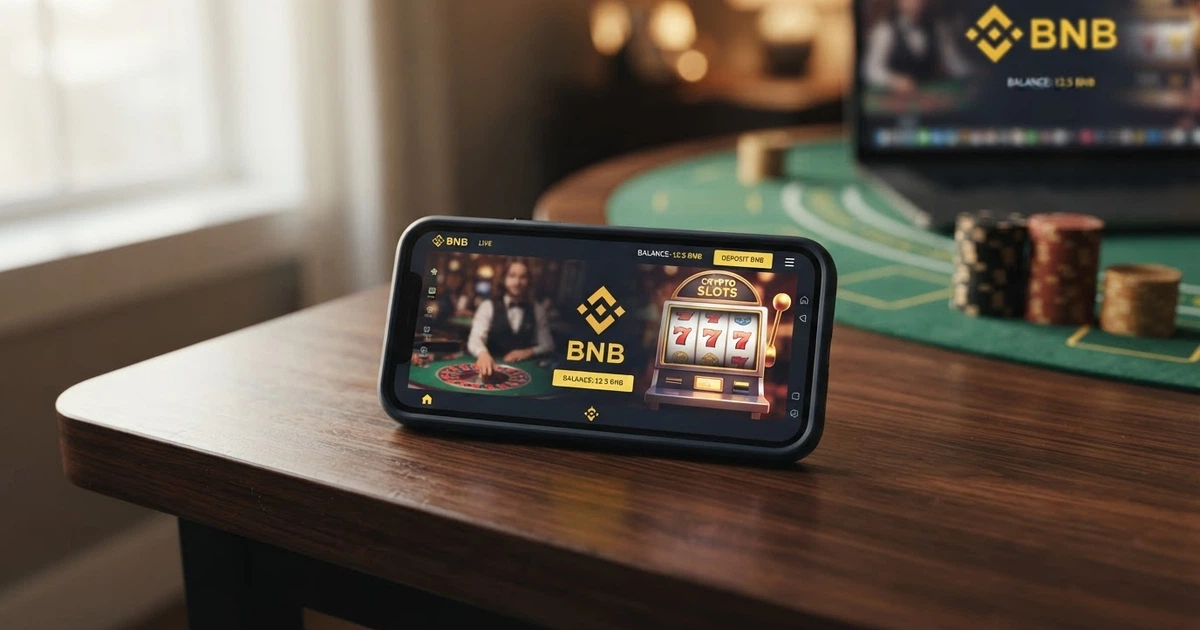 Una mano che tiene uno smartphone con il logo di Binance Coin (BNB) sullo schermo, sovrapposto all'interfaccia di un casino online con slot e un tavolo da live casino sullo sfondo