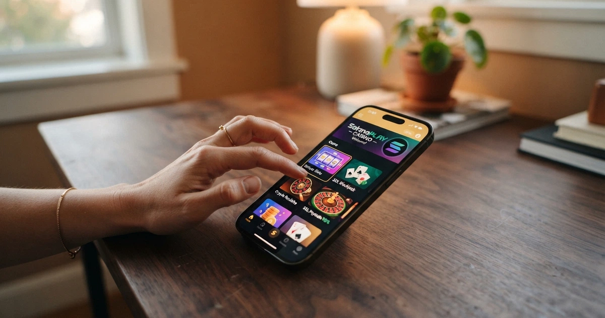 Un wallet crypto su uno smartphone accanto allo schermo di un casinò online, con il logo di Solana in evidenza