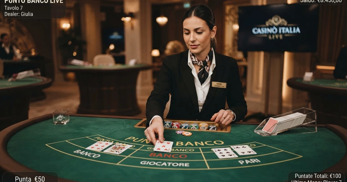 Un tavolo da punto banco con croupier dal vivo, carte disposte sul tavolo verde e interfaccia di gioco su schermo