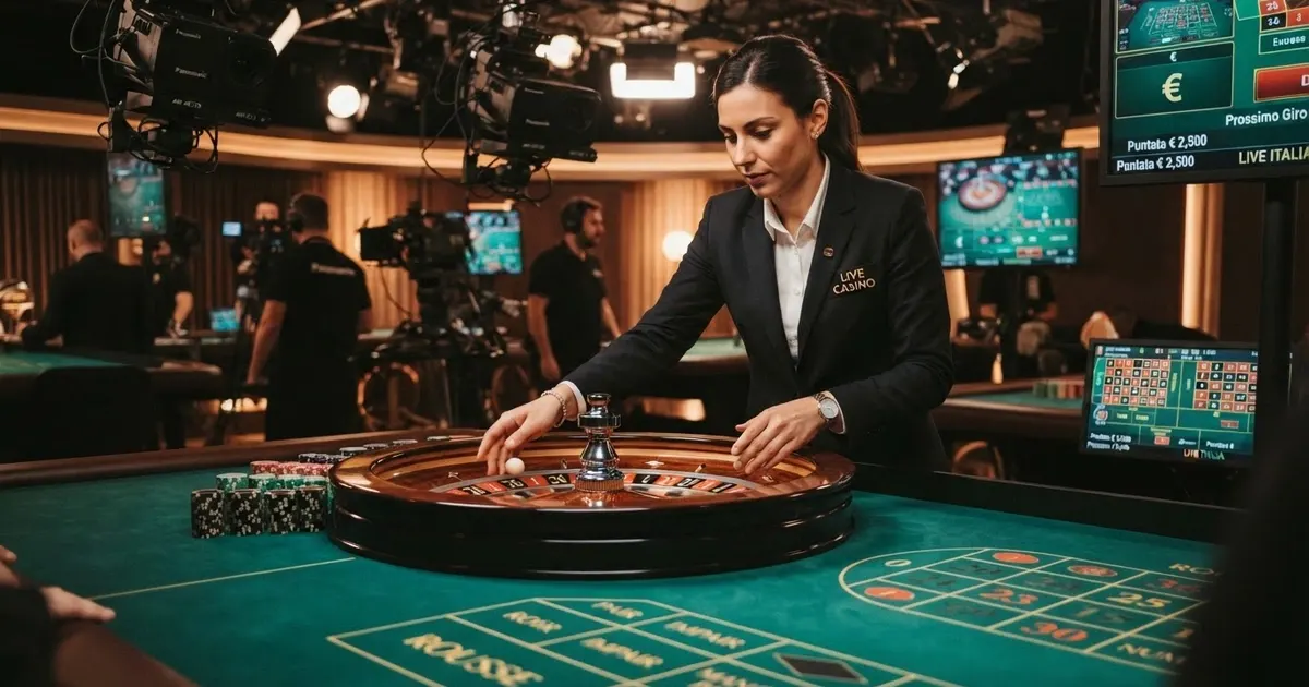 Un croupier in primo piano davanti a un tavolo da roulette live in uno studio di trasmissione, con monitor che mostrano le puntate e l'inquadratura multi-angolazione