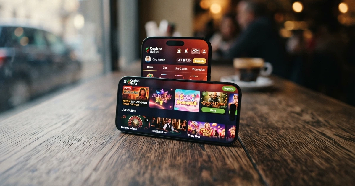 Uno smartphone che mostra la schermata home di un'app casinò ADM con l'interfaccia in italiano, icone di slot, live dealer e conto gioco visibili.
