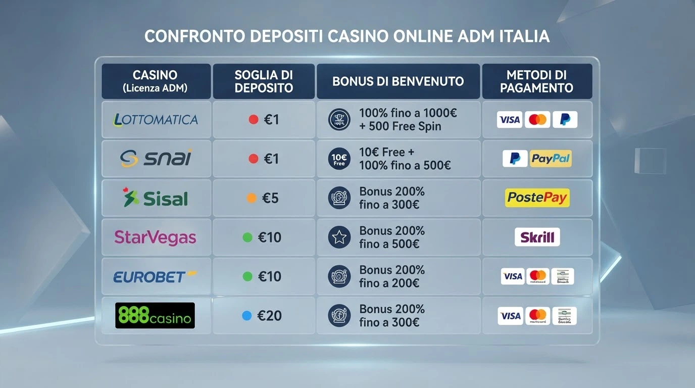 Una tabella comparativa con i loghi ufficiali dei casinò ADM affiancati dalle rispettive soglie minime di deposito e condizioni bonus