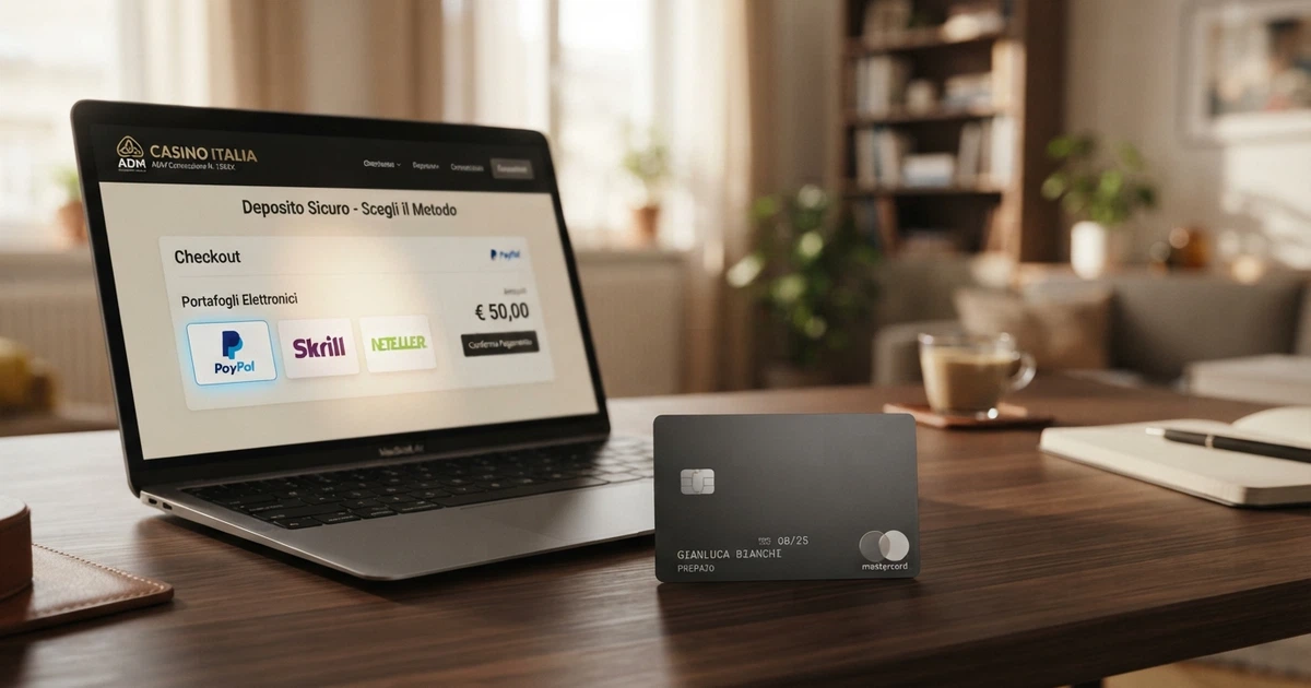 Una carta American Express posata accanto allo schermo di un computer che mostra la cassa di un casinò online con le icone di Skrill, PayPal e Neteller in evidenza