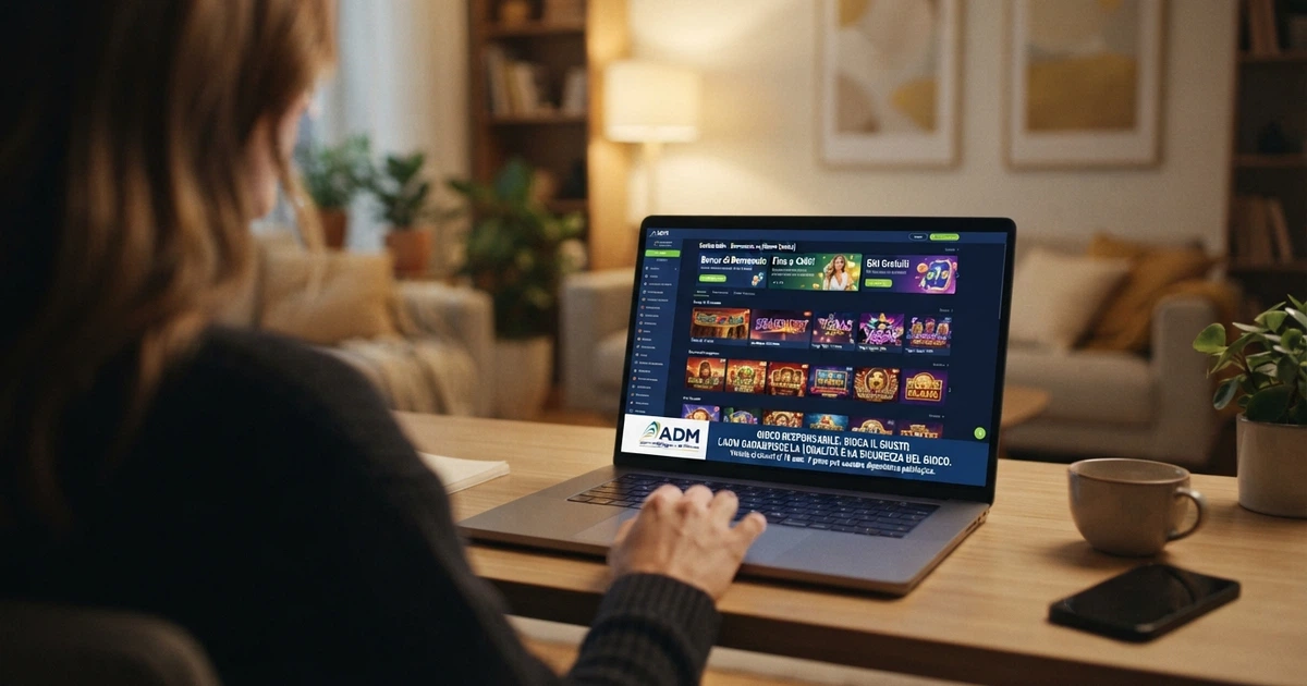 Lobby di un casinò online con licenza ADM, slot in evidenza, menu di navigazione in italiano e indicatori di gioco responsabile visibili nella barra inferiore