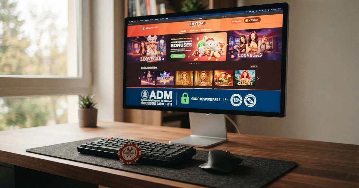Interfaccia di un casinò online con licenza ADM su schermo desktop, sezione giochi in evidenza, simbolo del lucchetto di connessione sicura e logo ADM visibile nell'area footer