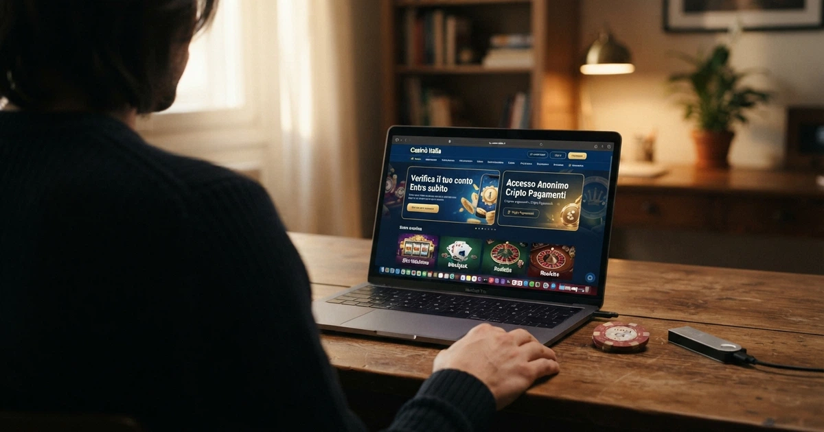 Un giocatore italiano seduto al computer con lo schermo che mostra la homepage di un casinò online, affiancato da un documento d'identità posato sulla scrivania e una chiave hardware per criptovalute.