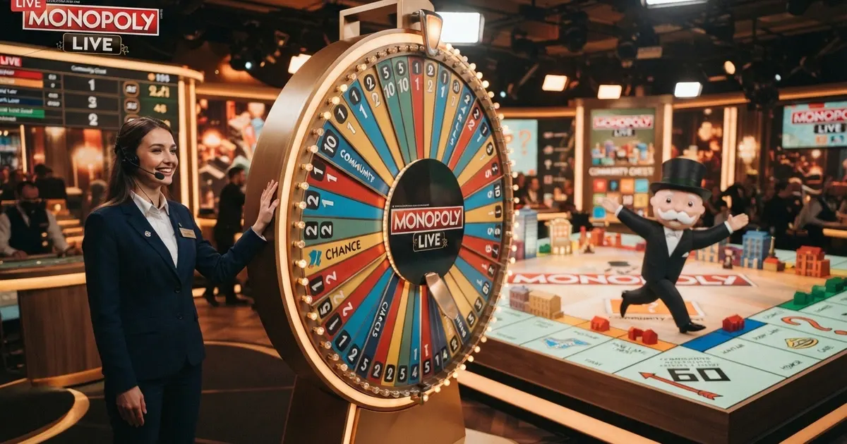 Il tavolo da gioco di Monopoly Live con la ruota della fortuna a 54 segmenti illuminata e il tabellone 3D sullo sfondo dello studio Evolution Gaming