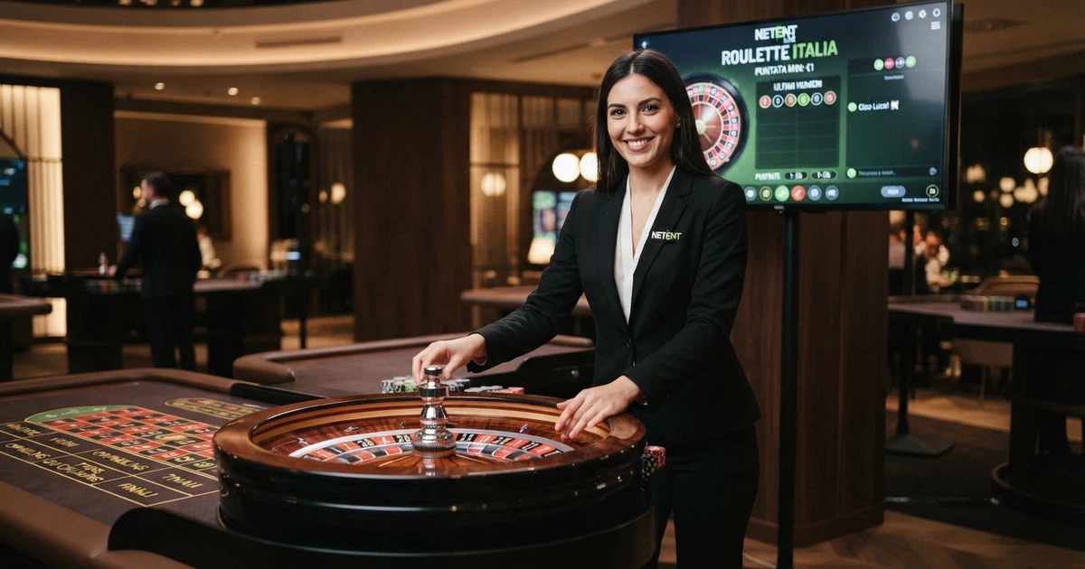 Un tavolo da live casino NetEnt con dealer in divisa, schermi HD e interfaccia di gioco in italiano su desktop