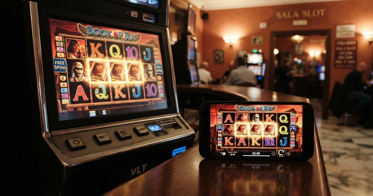 Slot machine Novoline in una sala giochi italiana accanto a uno smartphone che mostra la stessa slot in versione online, con il logo Greentube visibile sullo schermo