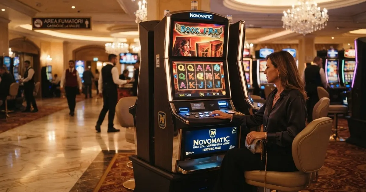 Un primo piano di una slot machine Novomatic accesa in un ambiente di casinò, con il marchio Greentube visibile sullo schermo e il logo ADM in sovraimpressione discreta nell'angolo