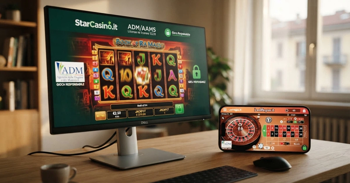 Primo piano di una schermata di casinò online su desktop e smartphone, con l'interfaccia in italiano, il lucchetto della connessione sicura e il logo ADM visibili