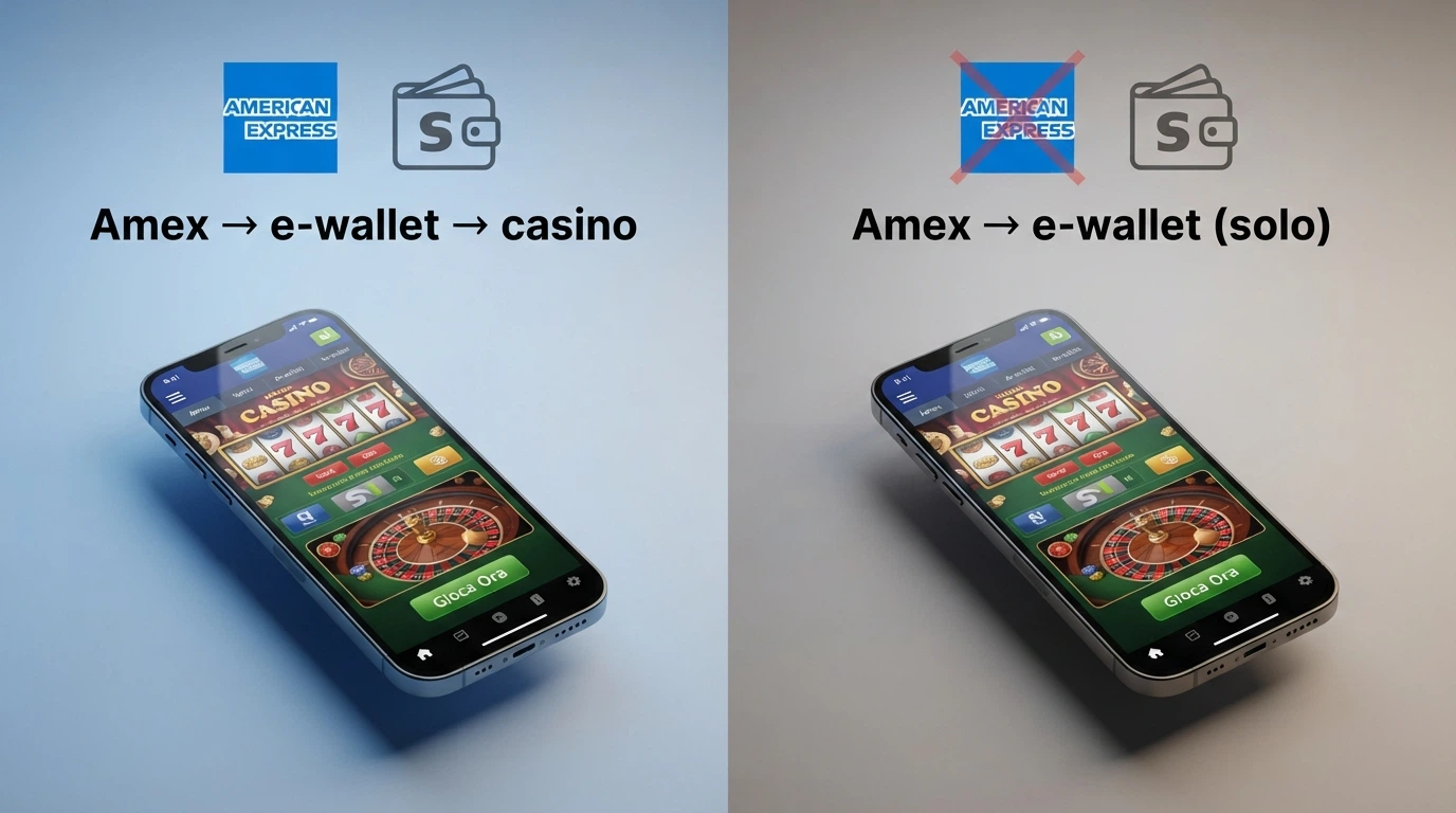 Un grafico visivo che mette a confronto due colonne: a sinistra i casinò non AAMS con il simbolo Amex e l'icona e-wallet, a destra i casinò ADM con il simbolo Amex barrato