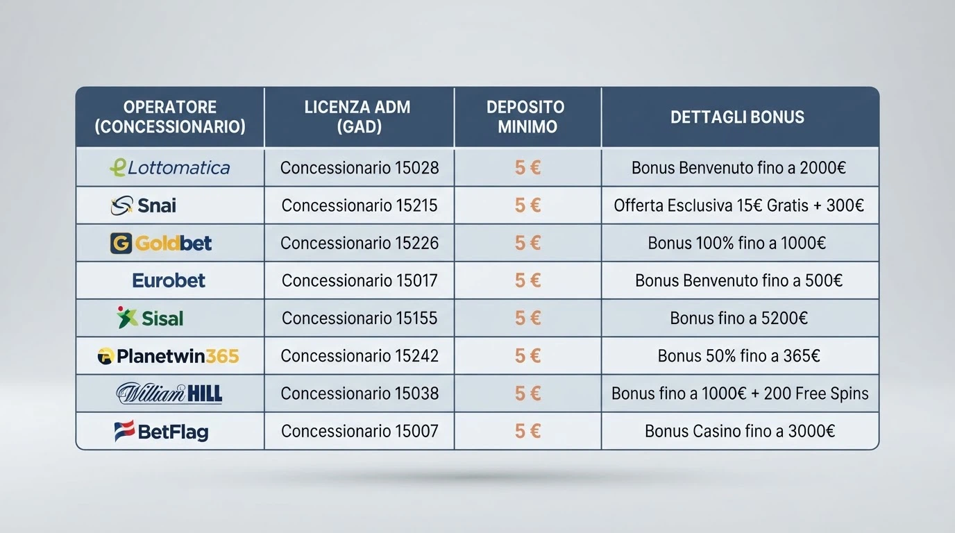 Una tabella comparativa stilizzata con licenze ADM, importi di deposito e simboli di bonus di benvenuto