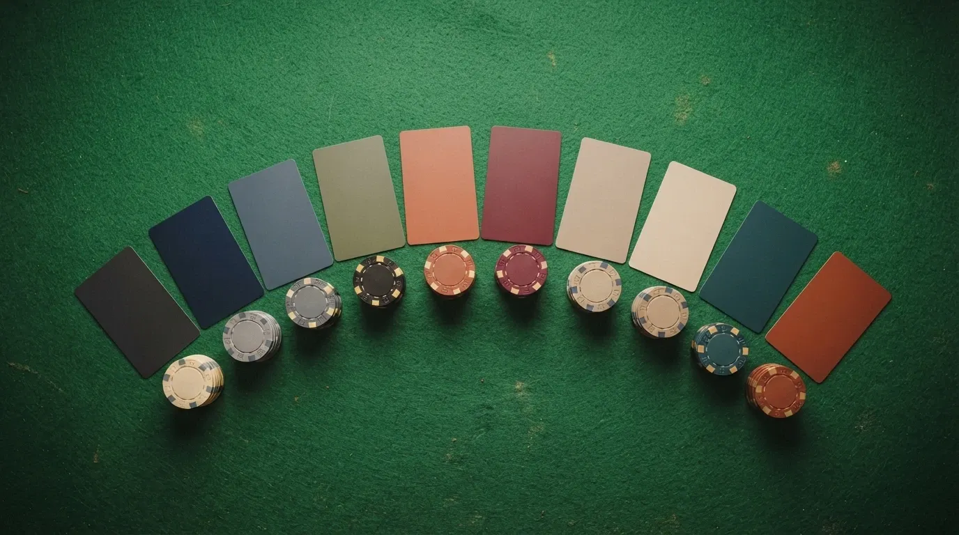 Una vista dall'alto di dieci carte di credito o metodi di pagamento disposti su un tavolo da gioco verde, ciascuna con il logo di uno dei dieci operatori recensiti, e una pila di monete da 1€ e 2€ accanto a ogni carta a indicare la soglia di deposito