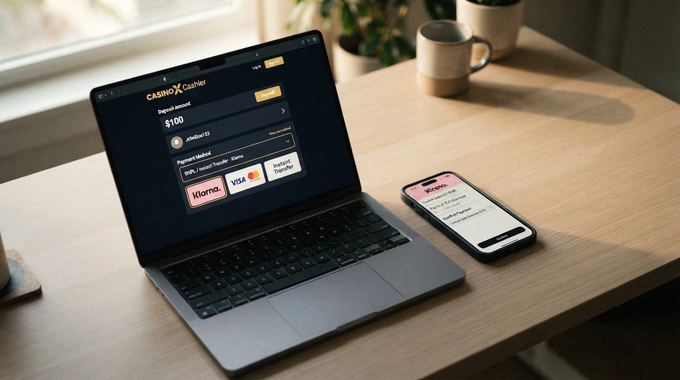 Il diagramma del flusso di pagamento: app Klarna → carta virtuale o SOFORT → cassa del casinò → deposito completato, con i tempi indicati per ogni passaggio.