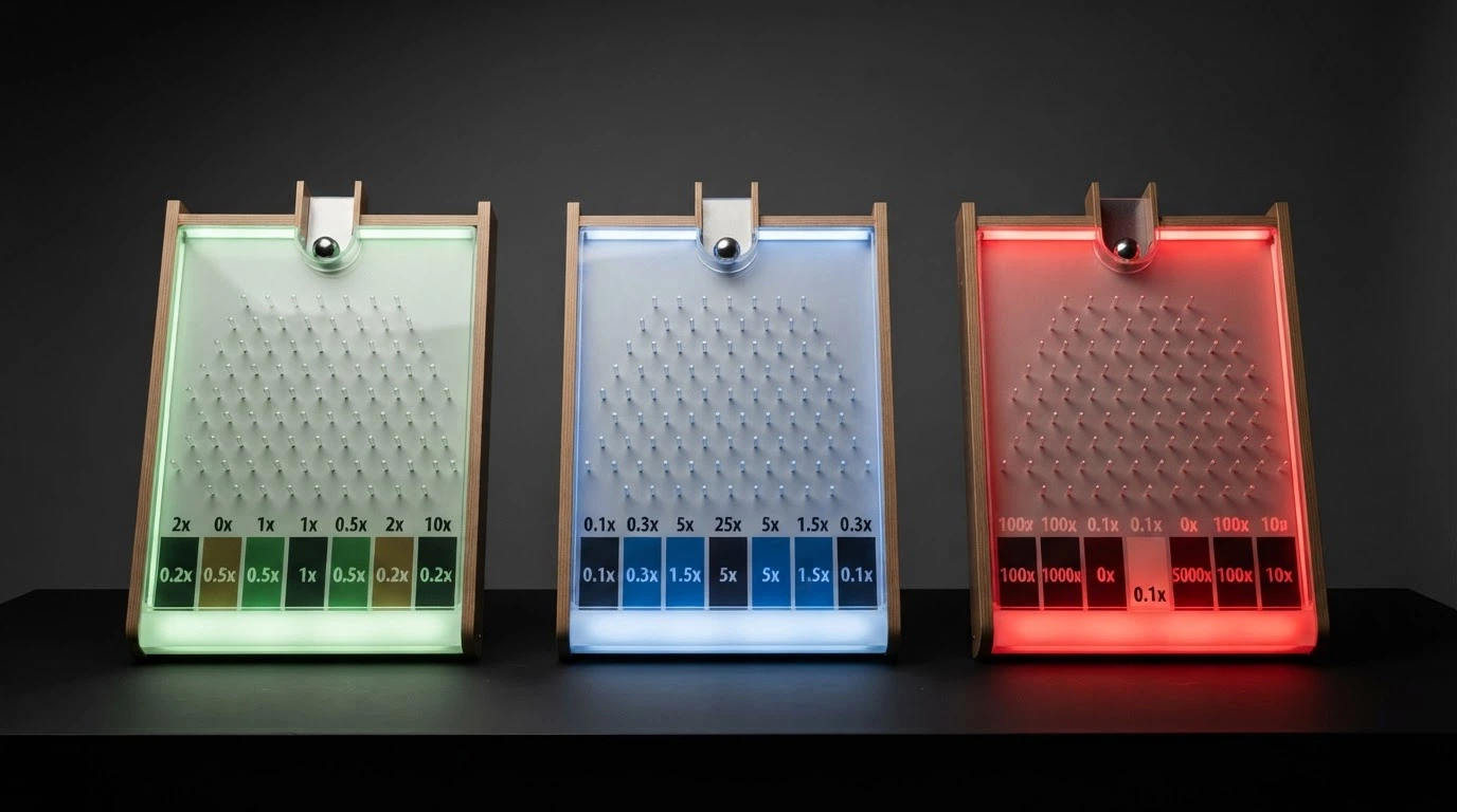 Un confronto visivo tra i tre livelli di rischio di Plinko (Basso, Normale, Alto) con i diversi moltiplicatori nelle caselle di arrivo