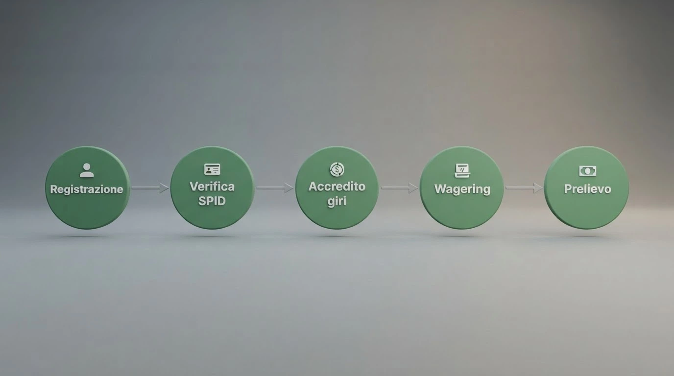 Diagramma del percorso di attivazione dei 50 giri gratis senza deposito in un casinò ADM: registrazione, verifica KYC, accredito e wagering