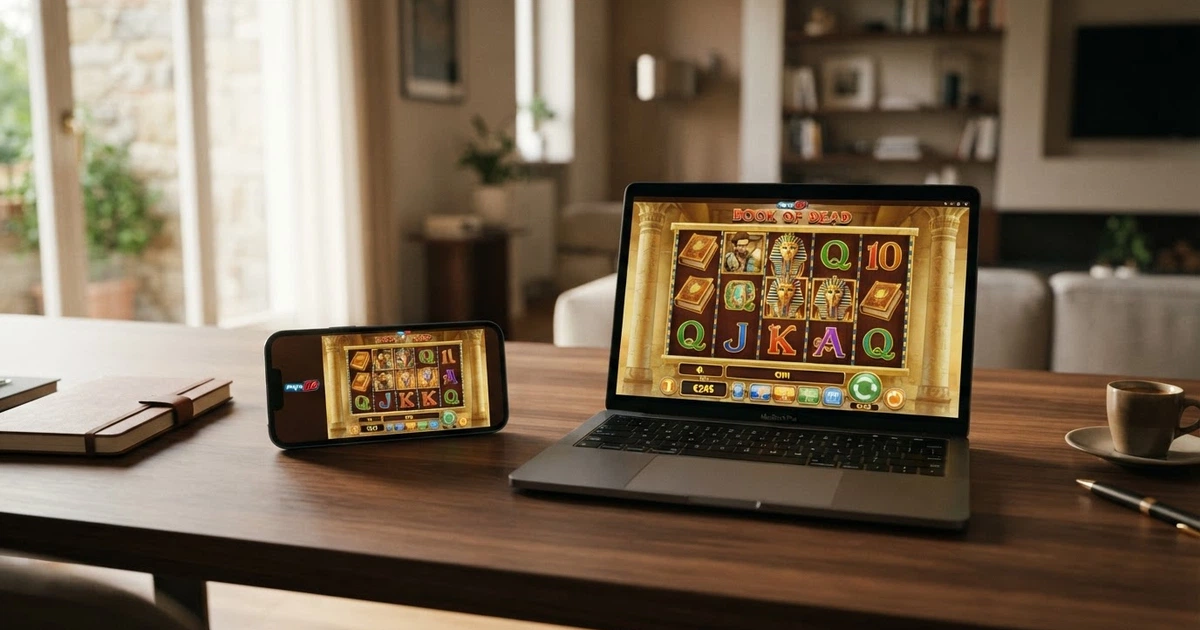 Interfaccia di una slot Play'n GO su schermo di smartphone e computer con logo Play'n GO visibile
