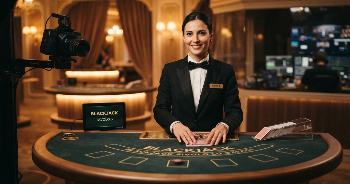 Dealer in smoking al tavolo da live casino Playtech con interfaccia di gioco su schermo