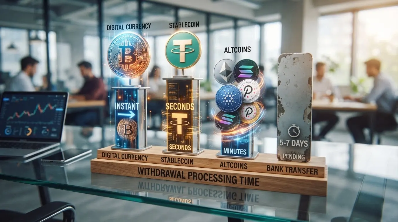 Grafico a barre con i tempi medi di conferma on-chain per BTC, ETH, USDT TRC-20, Solana e Litecoin, affiancati al dato 5-7 giorni del bonifico bancario tradizionale