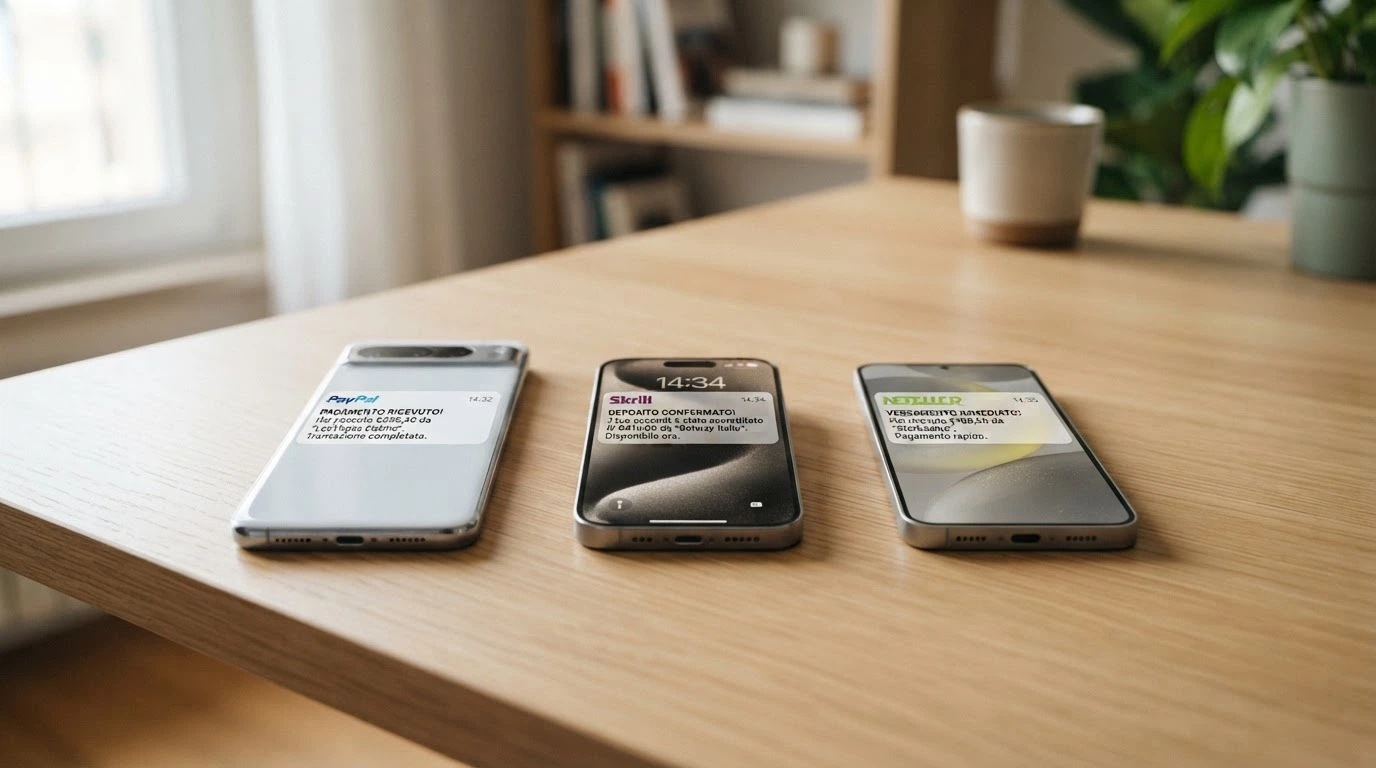 Tre telefoni affiancati che mostrano le app di PayPal, Skrill e Neteller con una notifica di accredito e l'importo in euro