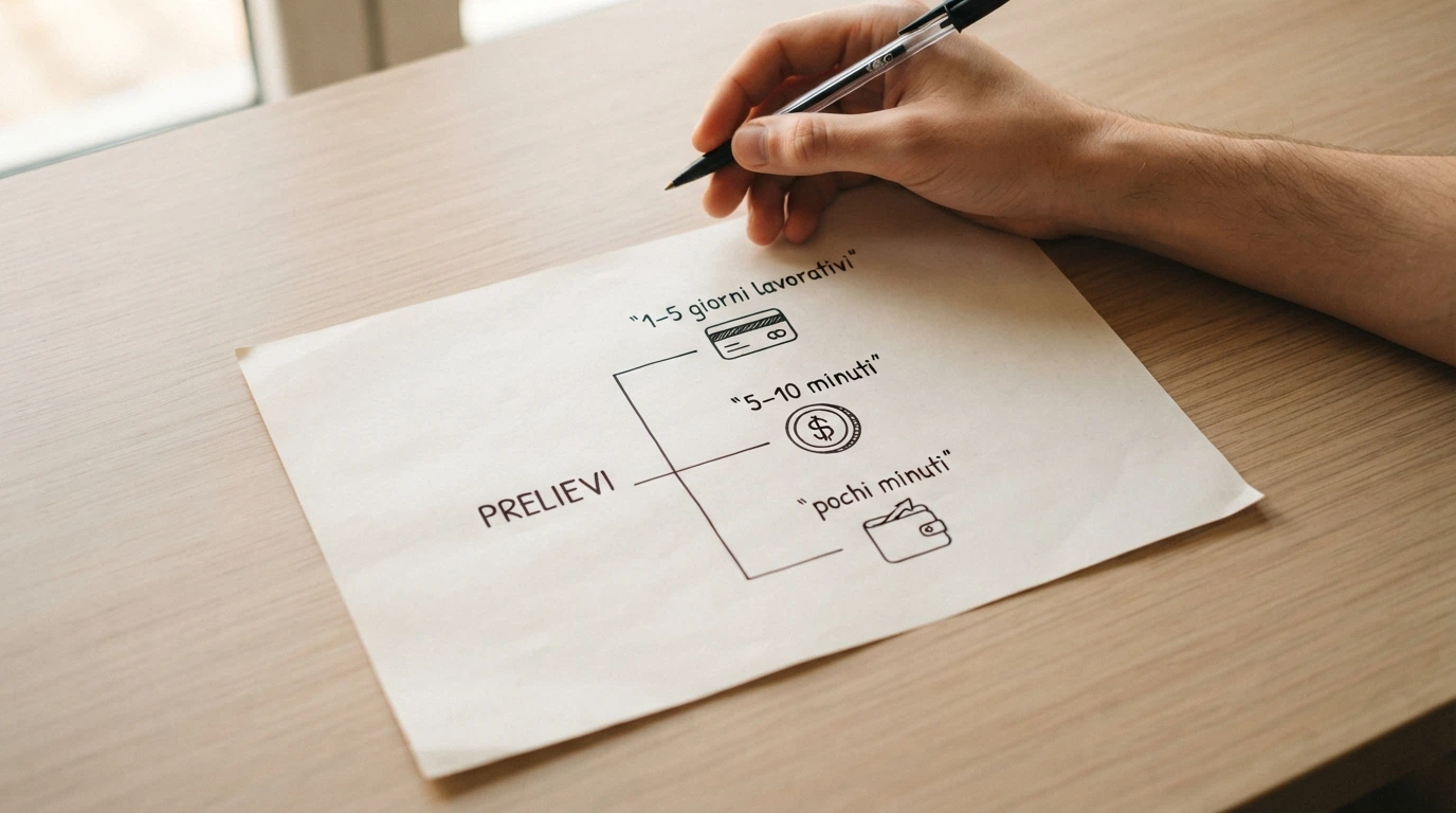 Uno schema visivo che confronta i tempi di prelievo con Visa (1–5 giorni lavorativi) rispetto a crypto ed e-wallet (pochi minuti o ore), con icone per ogni metodo e una timeline graduata.