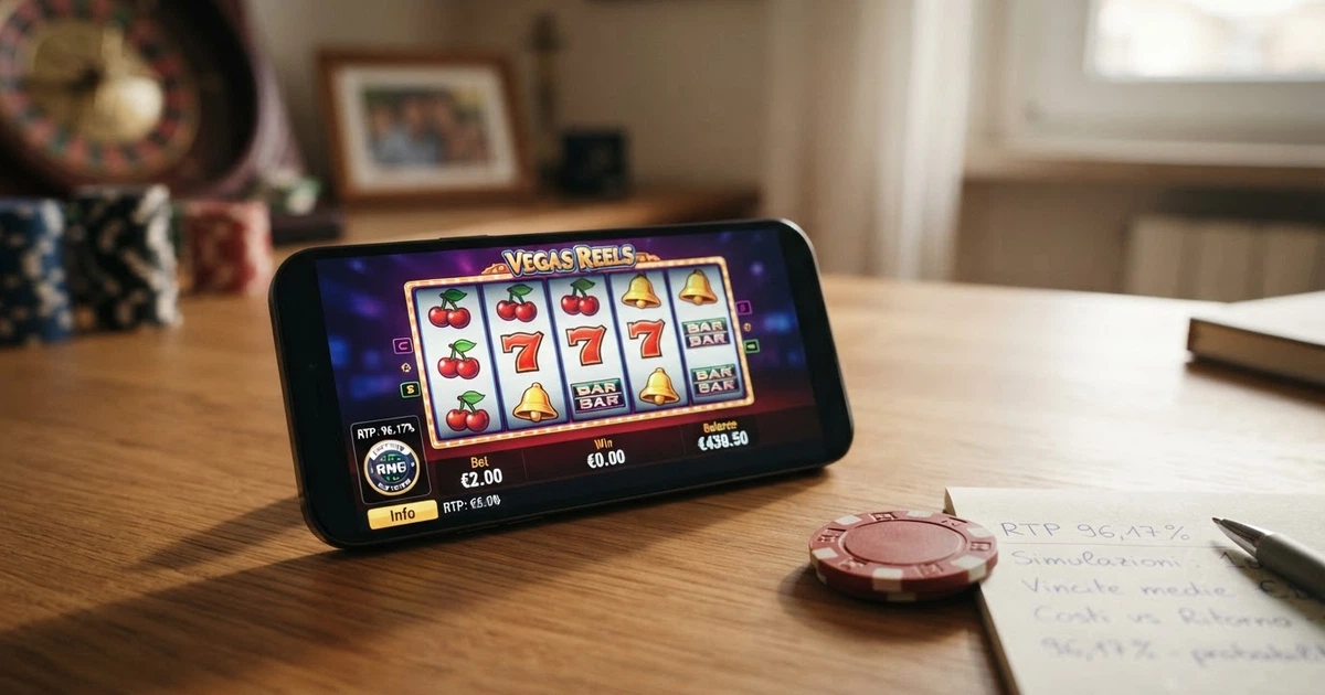 Un primo piano di una slot machine online su schermo con il pannello delle informazioni di gioco aperto, dove sono visibili la percentuale RTP e la scritta «generatore di numeri casuali certificato»
