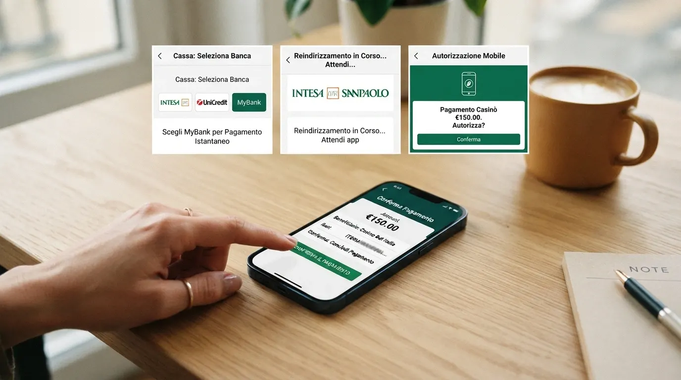 Gli schermi sequenziali del processo di deposito MyBank: selezione del metodo nella cassa del casinò, reindirizzamento all'home banking, autorizzazione e conferma dell'accredito