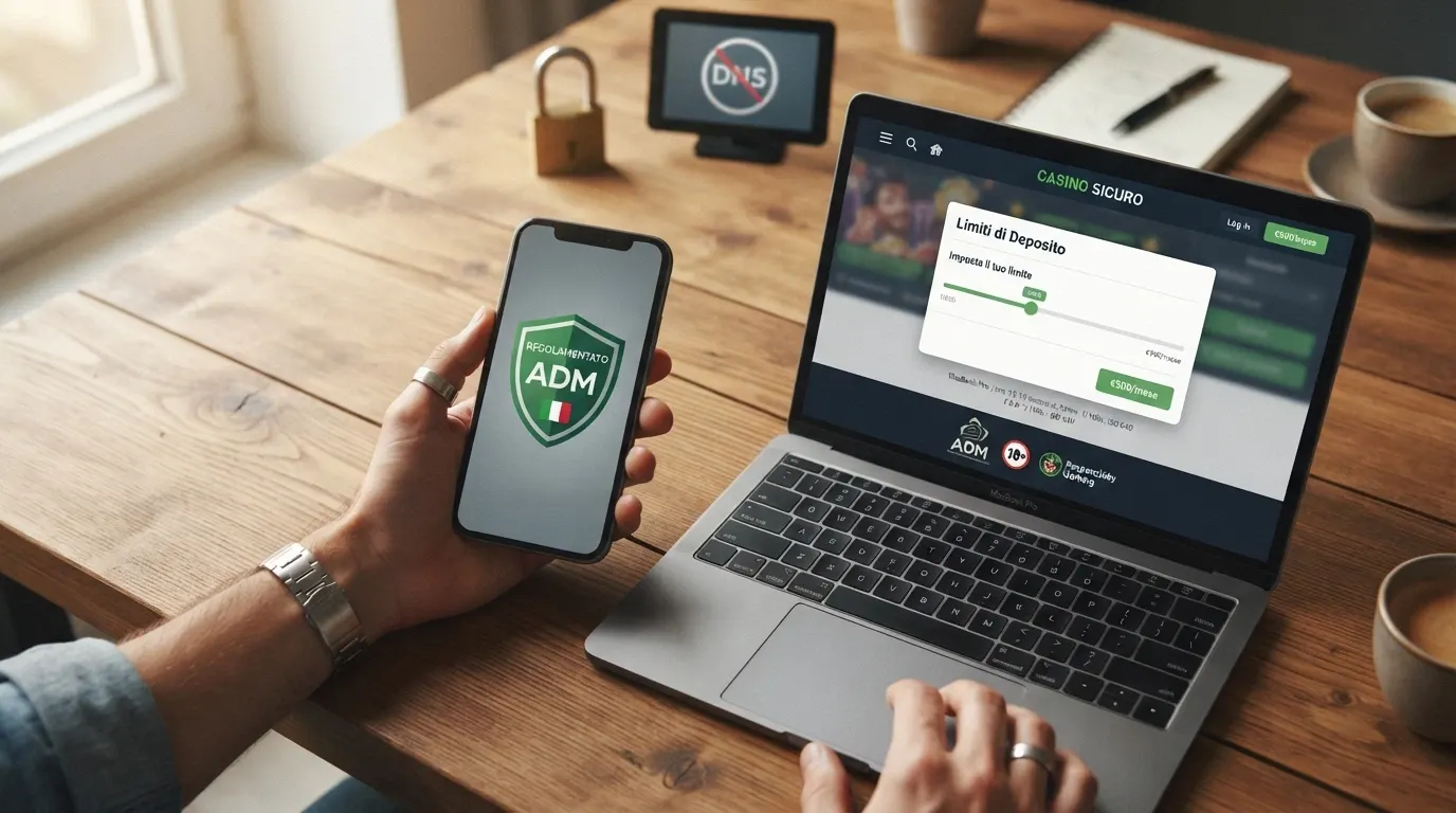 Il logo ufficiale dell'Agenzia delle Dogane e dei Monopoli accanto a un lucchetto aperto che rivela le icone delle tutele: limiti di deposito, autoesclusione, blocco DNS