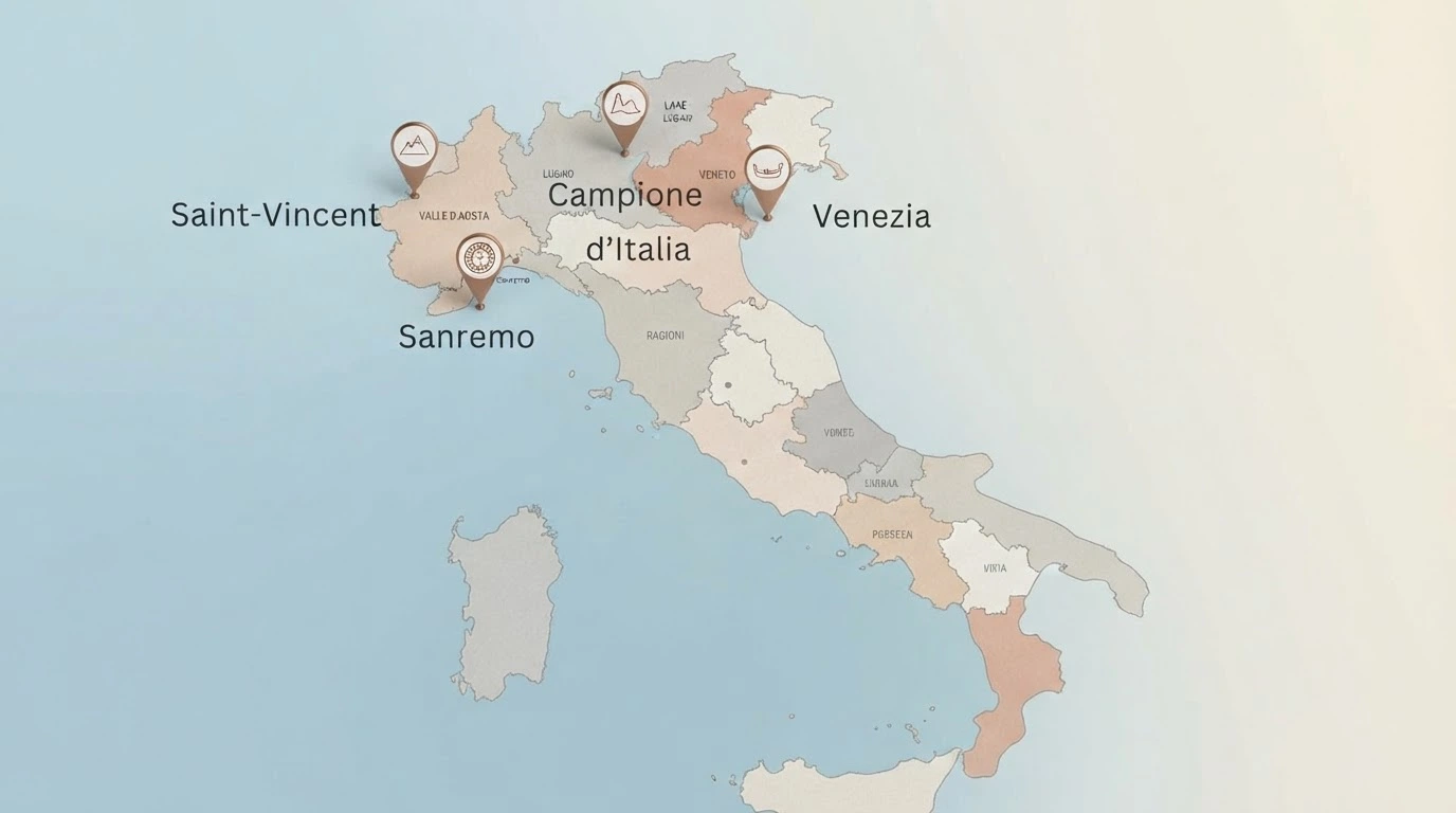 Mappa stilizzata della penisola italiana con indicatori posizionati su Sanremo, Venezia, Campione d'Italia e Saint-Vincent