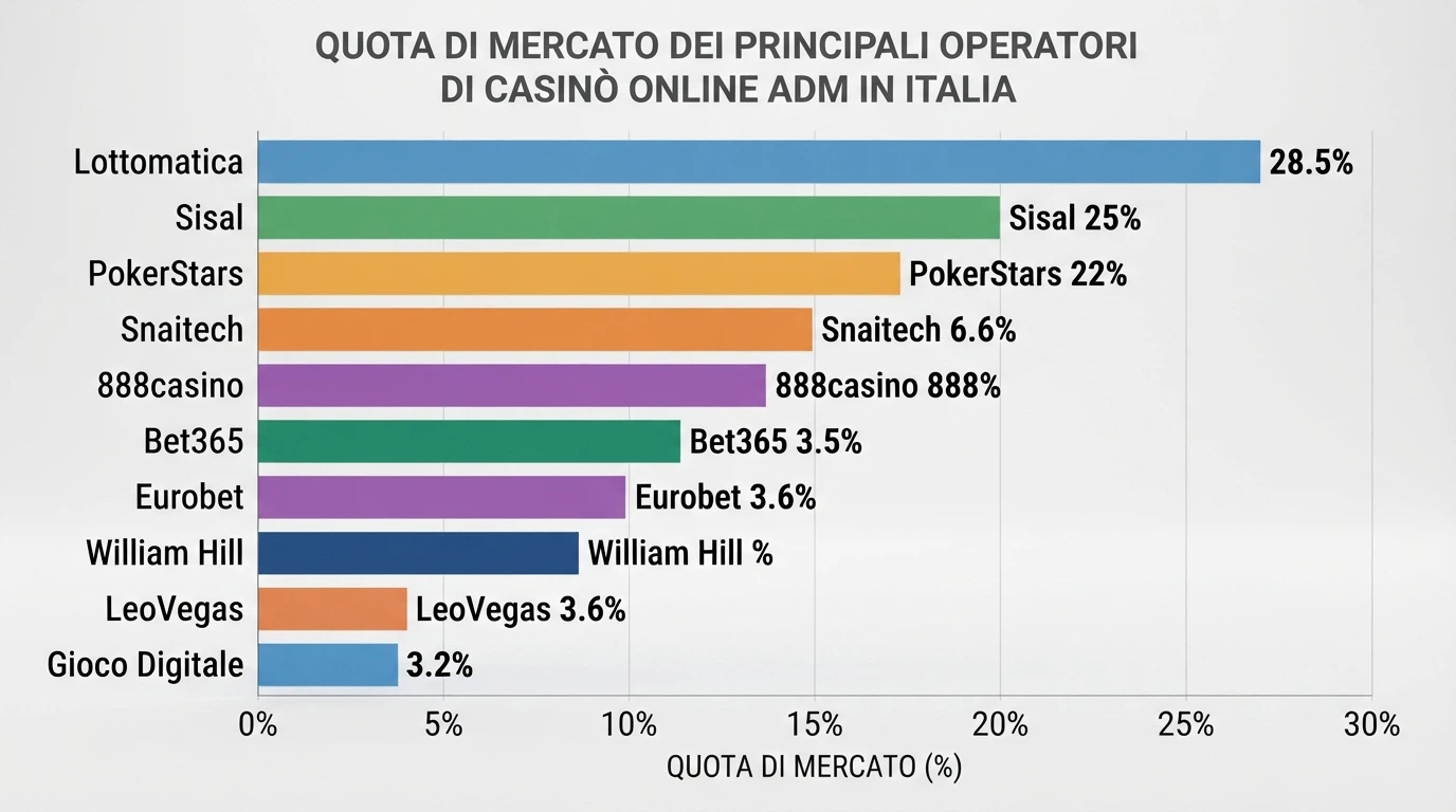 Un grafico a barre orizzontali con i 10 concessionari ADM ordinati per quota di mercato, ciascuna barra proporzionale alla percentuale