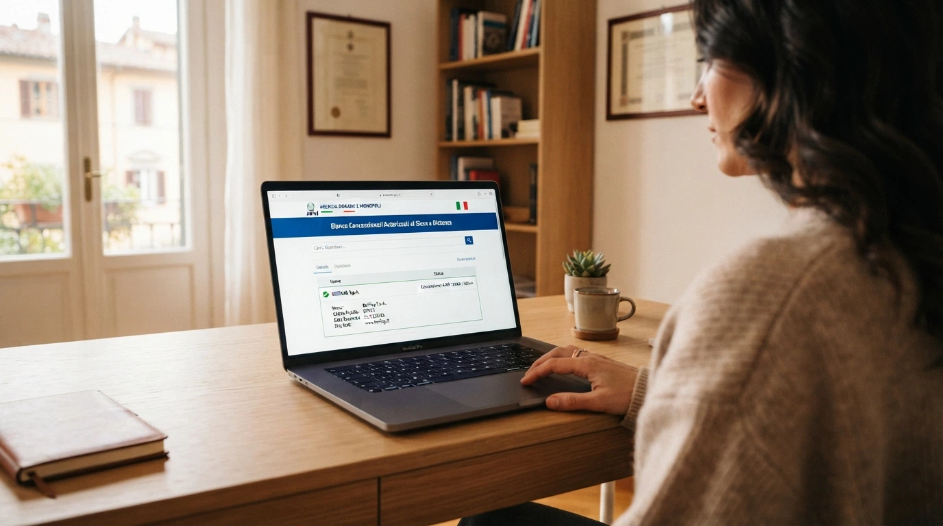 Interfaccia di consultazione dell'elenco pubblico dei concessionari ADM con un operatore selezionato che mostra numero di concessione e data di rilascio