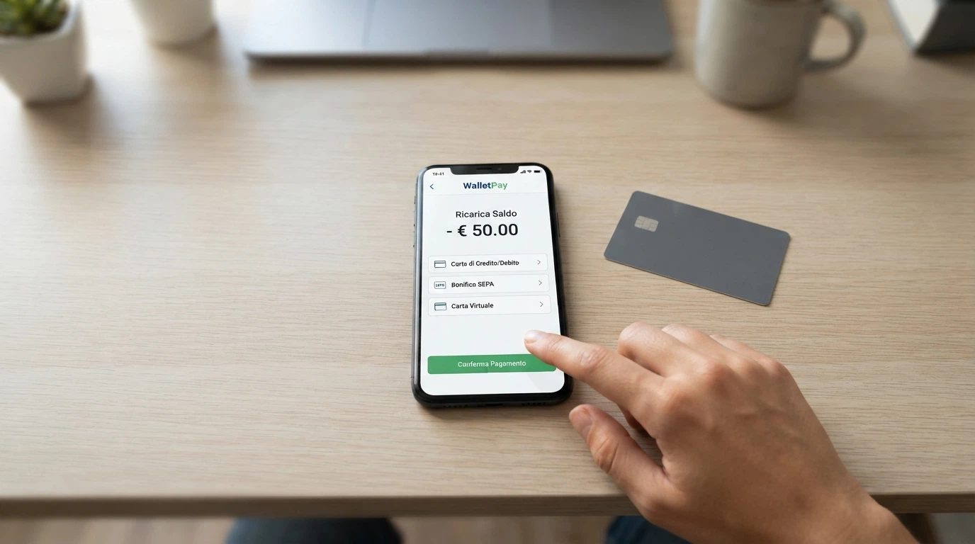 Una schermata di pagamento MiFinity con le opzioni di ricarica (carta di credito, bonifico SEPA, carta virtuale) e gli importi in euro