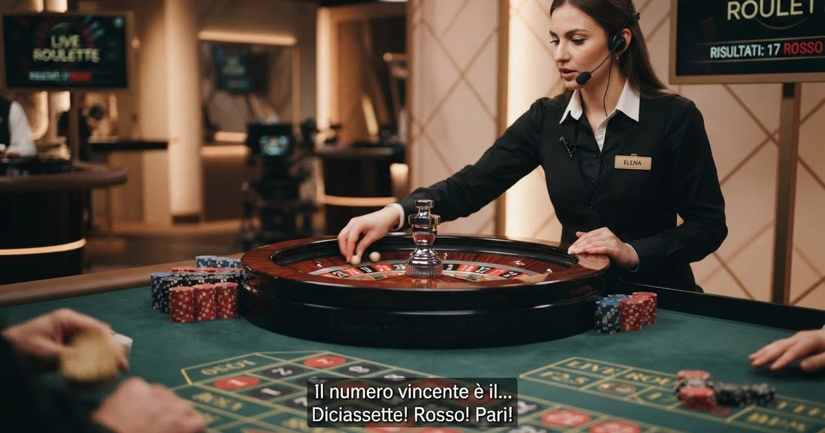 Un tavolo di roulette dal vivo con croupier in uniforme che fa girare la ruota in uno studio professionale, inquadratura multi-camera con il tabellone delle puntate visibile in sovrimpressione.