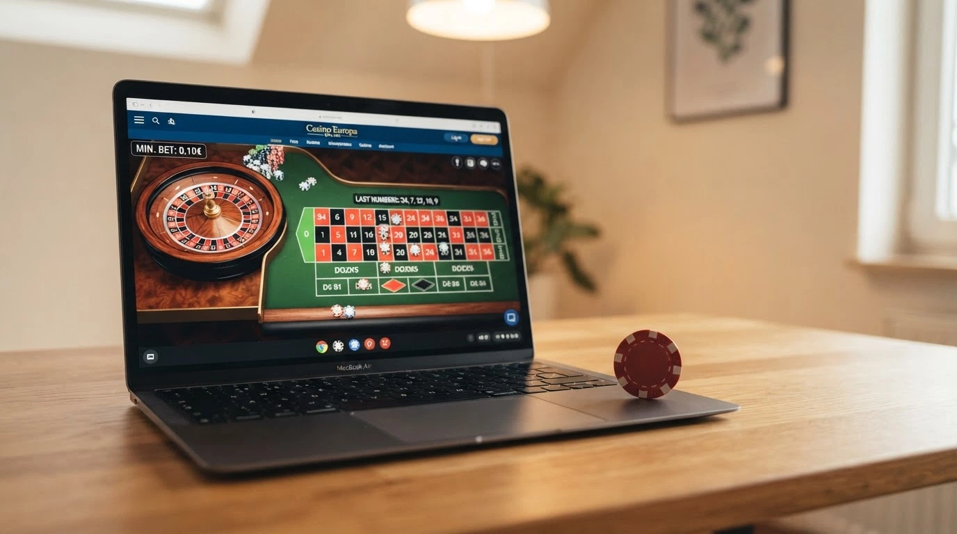 Un tavolo di roulette virtuale su schermo con l'indicatore della puntata minima impostato su 0.10€, affiancato da una fiche da 10 centesimi